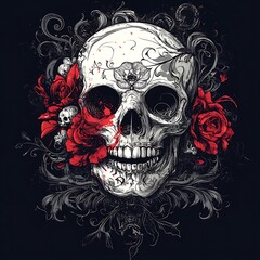 Ornate Skull with Roses, Decorative Background, Graphic Design, Possible Use for T-Shirt or Print