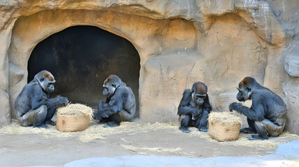 Gorillas eating hay in zoo cave enclosure