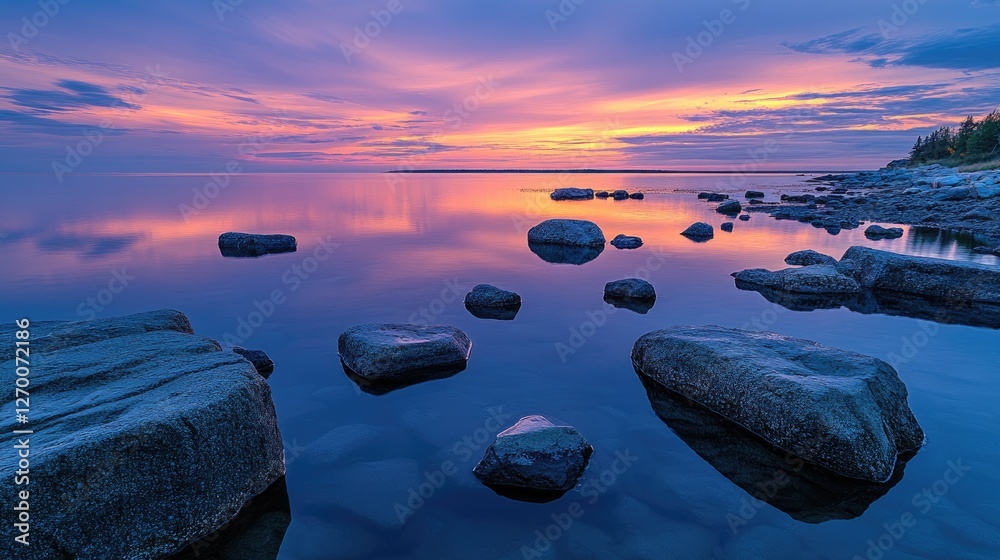 Poster a stunning twilight scene where the sky colors are mirrored on the calm water, with rocks scattered 