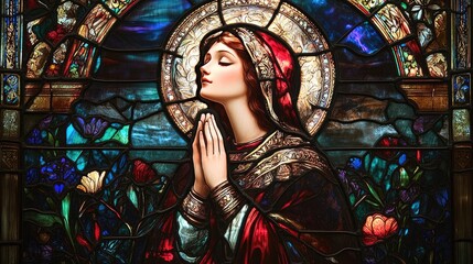Obraz premium A stunning stained glass window depicting a praying saint, with intricate details and radiant, colorful light streaming through, filling the space with serenity.
