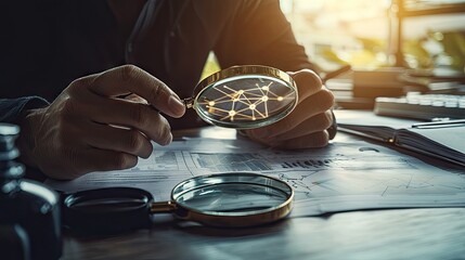 Fototapeta premium Analyzing network with magnifying glass for trends. Home office. Use in business