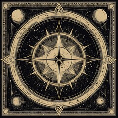 Vintage compass design, celestial elements, artistic graphic