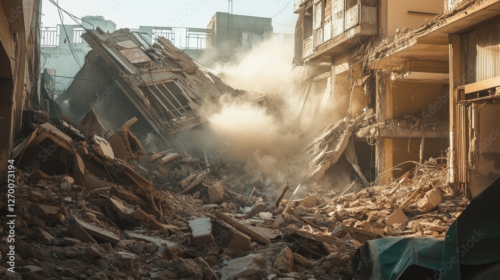 Poster a view of structural ruins and debris from a collapsed building, with scattered materials and dust, 