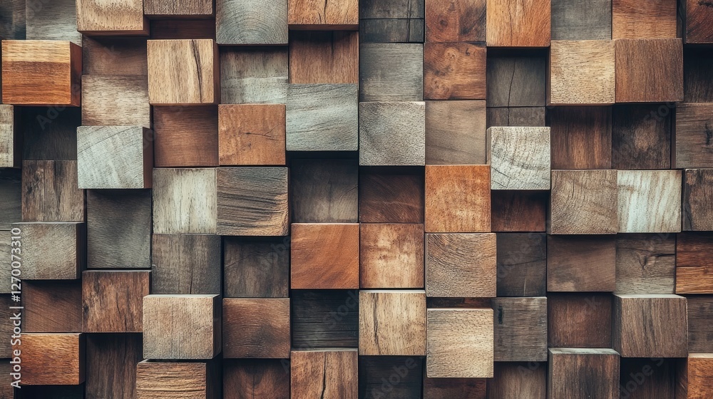 Poster a visually appealing wooden block wall with a mix of natural tones and sizes, creating a contemporar