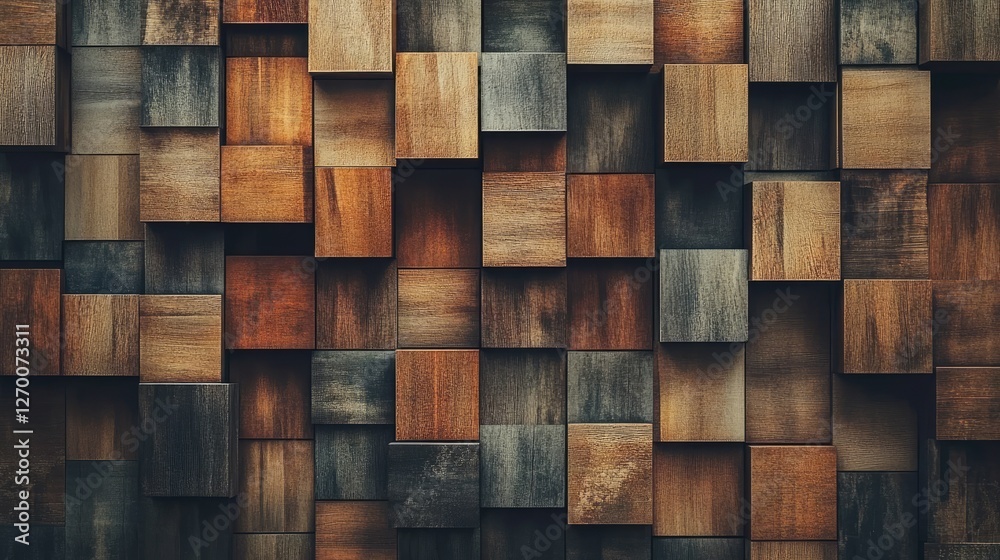 Aufkleber a visually appealing wooden block wall with a mix of natural tones and sizes, creating a contemporar