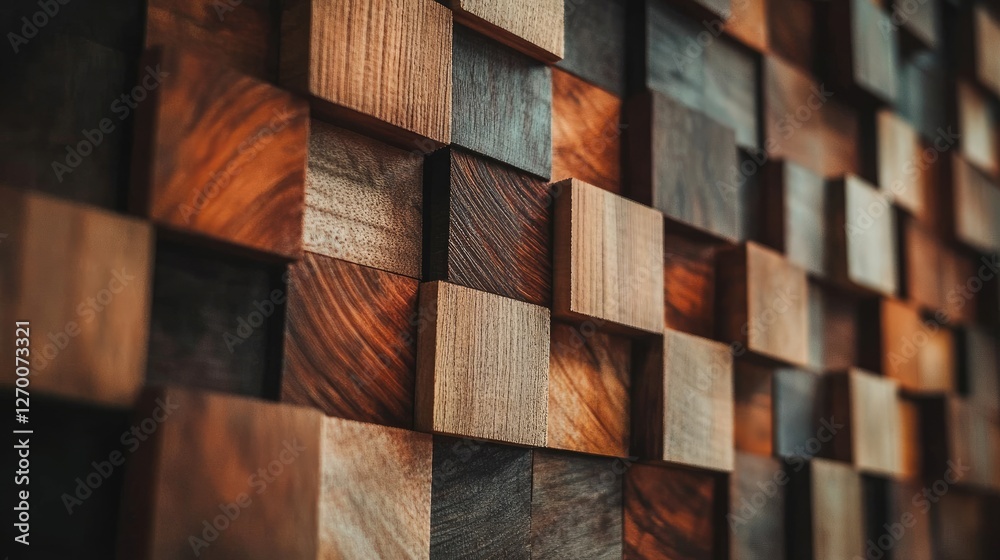 Poster A visually appealing wooden block wall with a mix of natural tones and sizes, creating a contemporary and textured design with an organic feel.