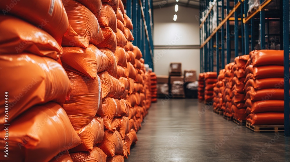 Poster a warehouse setting with a large stack of vibrant orange bags, emphasizing the efficiency of invento