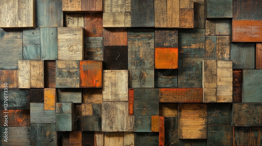 Poster a visually appealing wooden block wall with a mix of natural tones and sizes, creating a contemporar