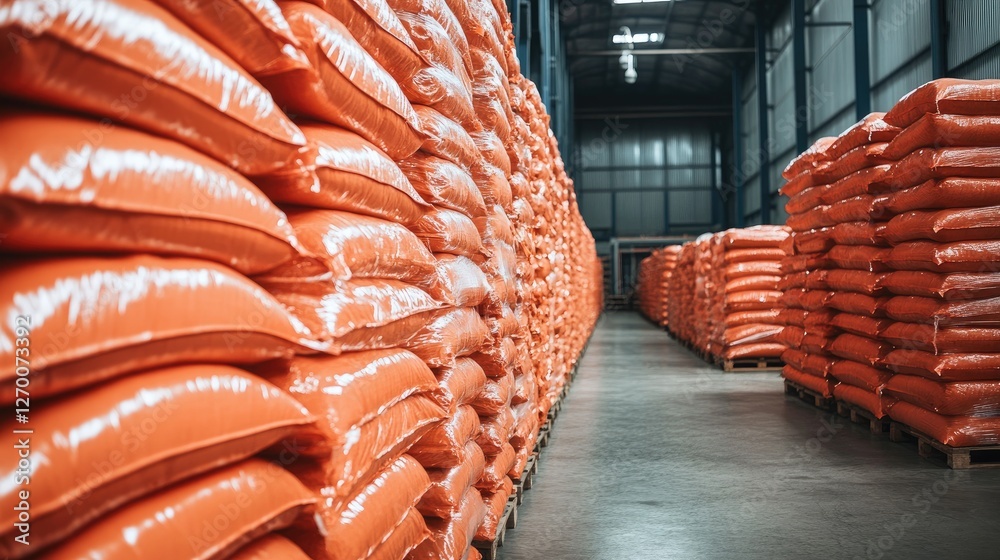 Poster A warehouse setting with a large stack of vibrant orange bags, emphasizing the efficiency of inventory management in a commercial space.