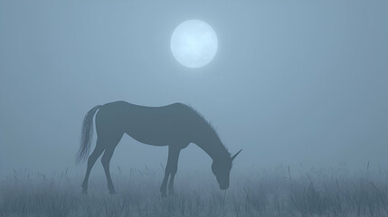 Mystical unicorn grazing in misty meadow at night under full moon