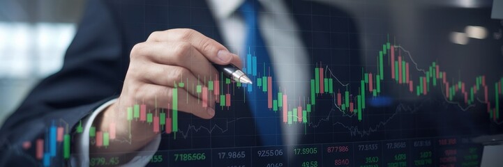 Businessman analyses stock market chart with pen for investment decisions