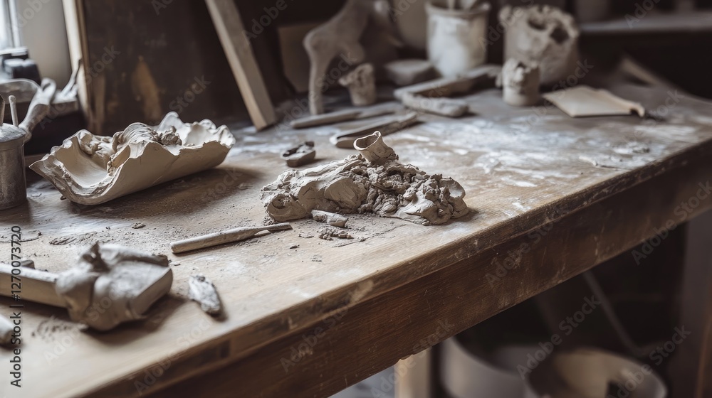 Poster A wooden workbench with sculpting tools embedded in clay, showcasing the detailed and artistic process of creation in the studio.