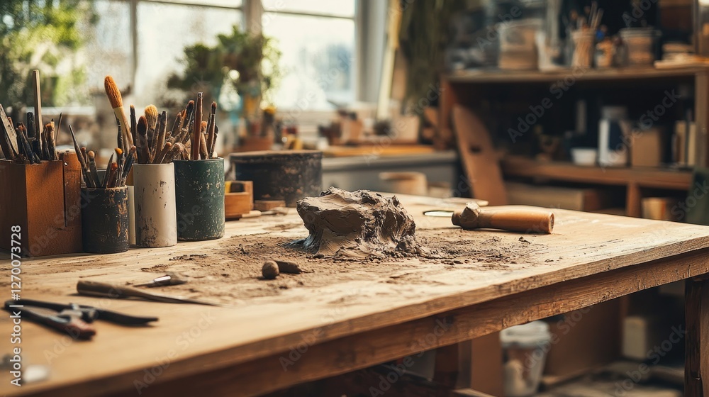 Poster A wooden workbench with sculpting tools embedded in clay, showcasing the detailed and artistic process of creation in the studio.