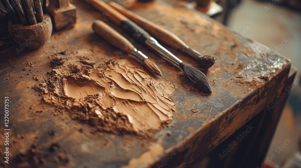 Aufkleber a wooden workbench with sculpting tools embedded in clay, showcasing the detailed and artistic proce
