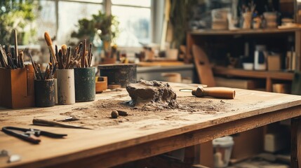 A wooden workbench with sculpting tools embedded in clay, showcasing the detailed and artistic process of creation in the studio.