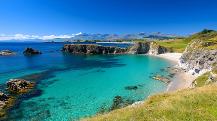 Secluded cove, turquoise water, coastal mountains, sunny day, travel postcard