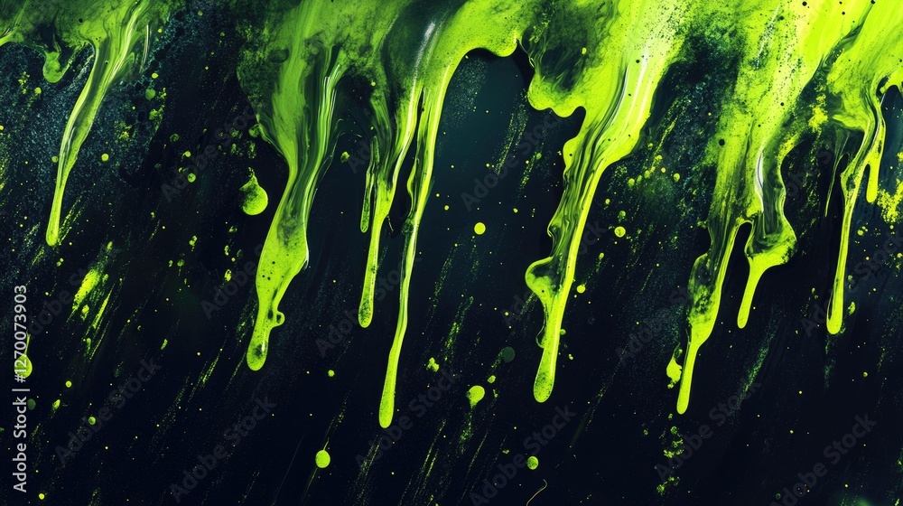 Poster abstract neon green and black goo texture dripping, creating otherworldly slime and toxic fluid form