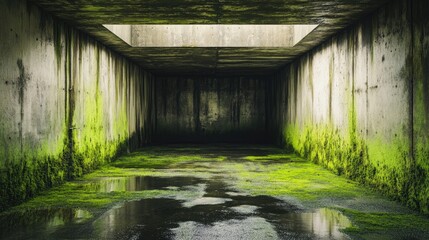 An abandoned industrial underground tunnel with damp, moss-covered walls and low lighting, creating a mysterious and eerie atmosphere.