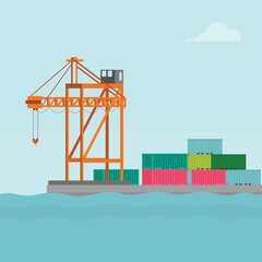 Vector illustration of crane container handler in a port in cartoon flat style. Logistics transportationt container with industrial crane import and export in shipping cargo harbor yard.