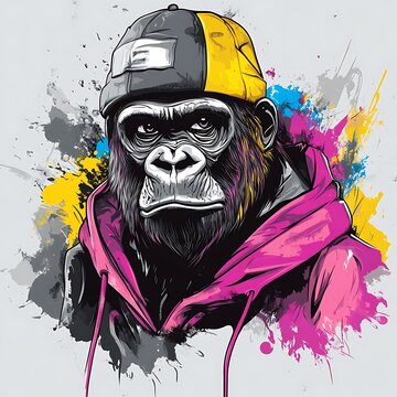 Gorilla in trendy outfit, urban style, abstract background, poster design