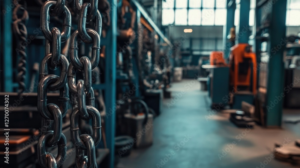 Poster an industrial workshop filled with machinery and tools, with chain links in the foreground, showcasi