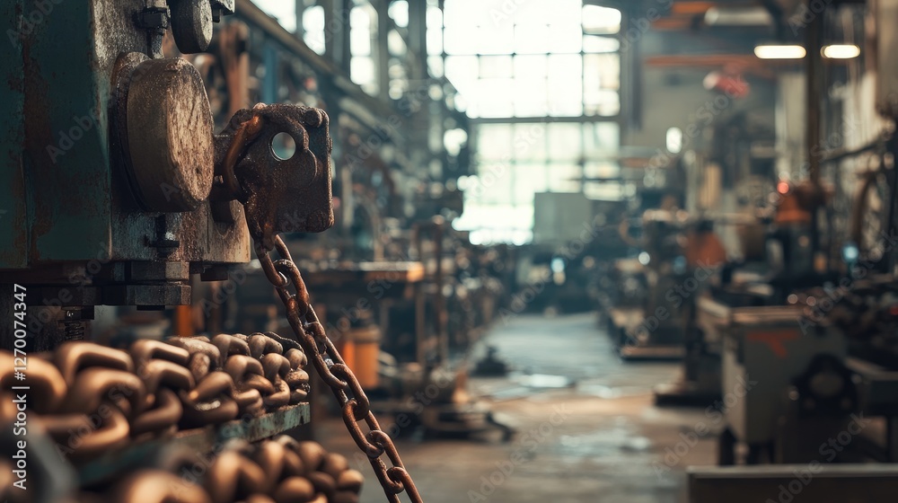 Poster an industrial workshop filled with machinery and tools, with chain links in the foreground, showcasi