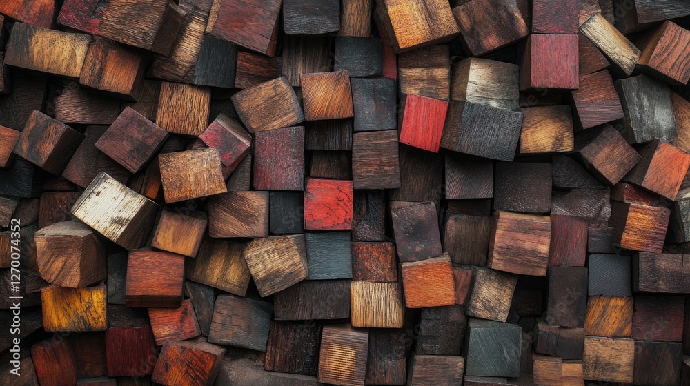 Poster An intricate and visually captivating pattern of wooden blocks in various sizes and tones, creating a textural background that blends contemporary design with organic aesthetics.