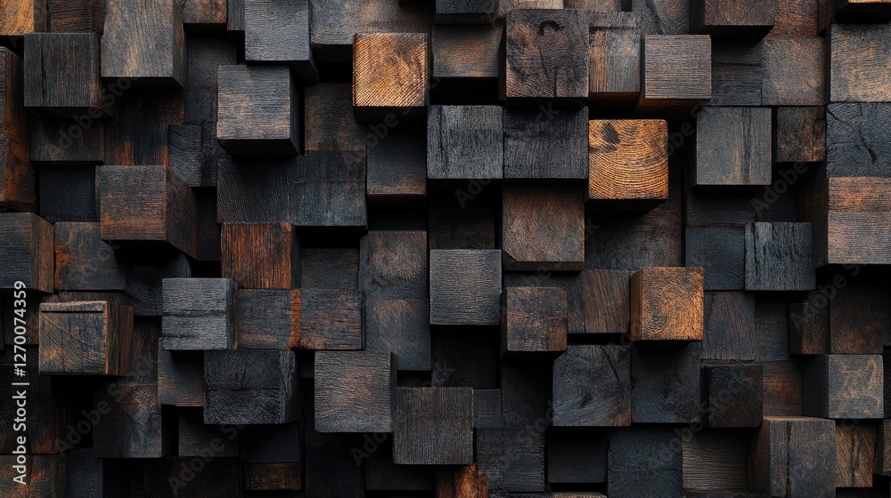 Poster An intricate and visually captivating pattern of wooden blocks in various sizes and tones, creating a textural background that blends contemporary design with organic aesthetics.