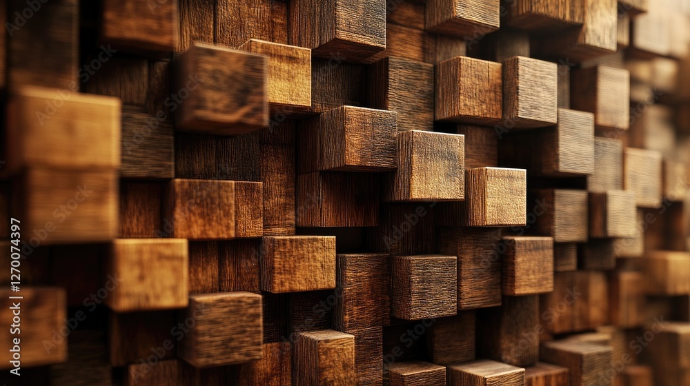 Poster An intricate and visually captivating pattern of wooden blocks in various sizes and tones, creating a textural background that blends contemporary design with organic aesthetics.