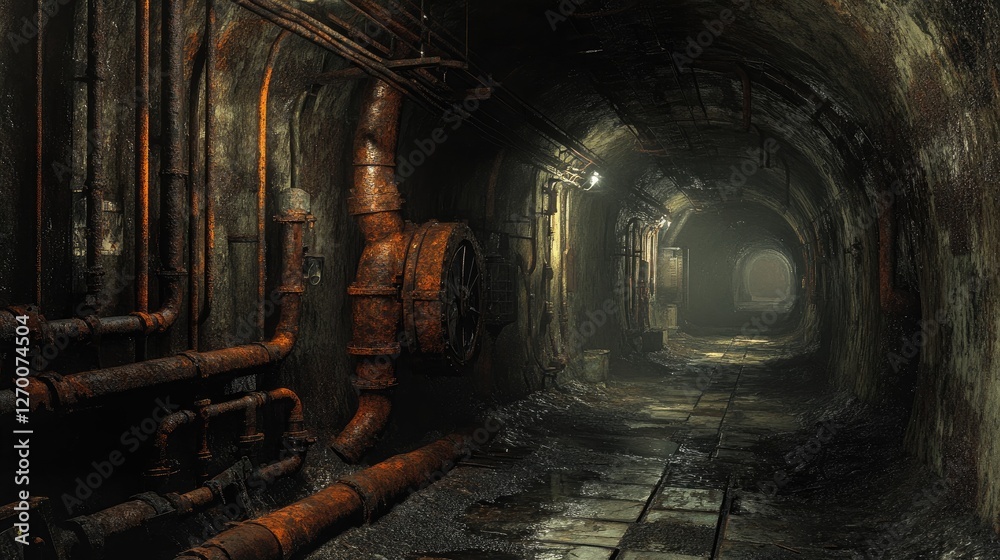Poster an unsettling abandoned tunnel filled with rusted pipes and dim lighting, creating an eerie and indu