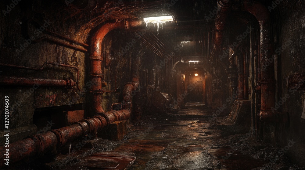 Poster an unsettling abandoned tunnel filled with rusted pipes and dim lighting, creating an eerie and indu