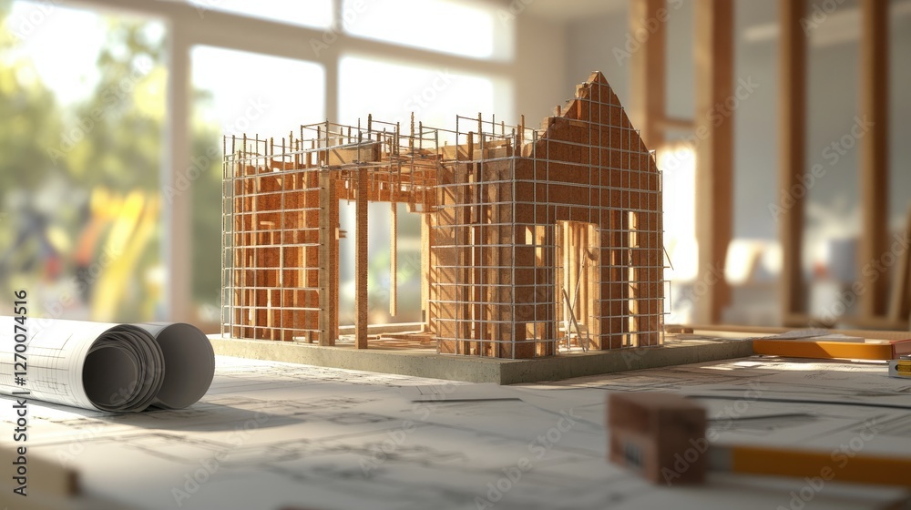 Poster Bricks, blueprints, and scaffolding in a partially constructed home, emphasizing the building process and architectural planning.
