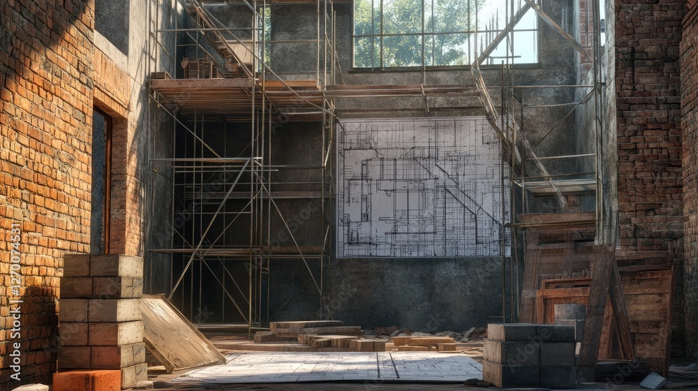 Poster Bricks, blueprints, and scaffolding in a partially constructed home, emphasizing the building process and architectural planning.