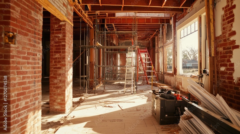 Poster Bricks, blueprints, and scaffolding in a partially constructed home, emphasizing the building process and architectural planning.
