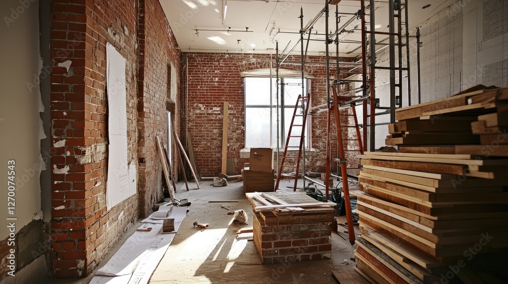 Poster Bricks, blueprints, and scaffolding in a partially constructed home, emphasizing the building process and architectural planning.