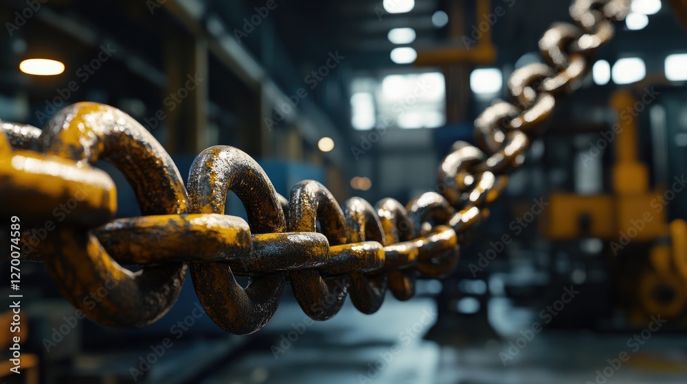 Poster chain links displayed prominently in an industrial workshop, with machinery and robots busy in the b