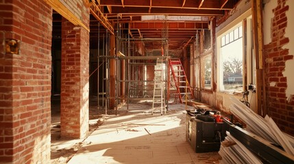 Bricks, blueprints, and scaffolding in a partially constructed home, emphasizing the building process and architectural planning.