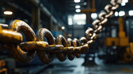 Naklejka premium Chain links displayed prominently in an industrial workshop, with machinery and robots busy in the background, highlighting craftsmanship and technology.