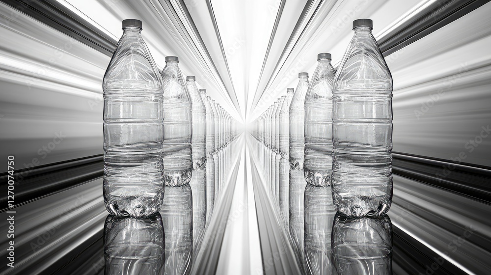 Poster Clear plastic bottles moving in perfect alignment along a production line, with their shiny surfaces creating a symmetrical and clean visual.