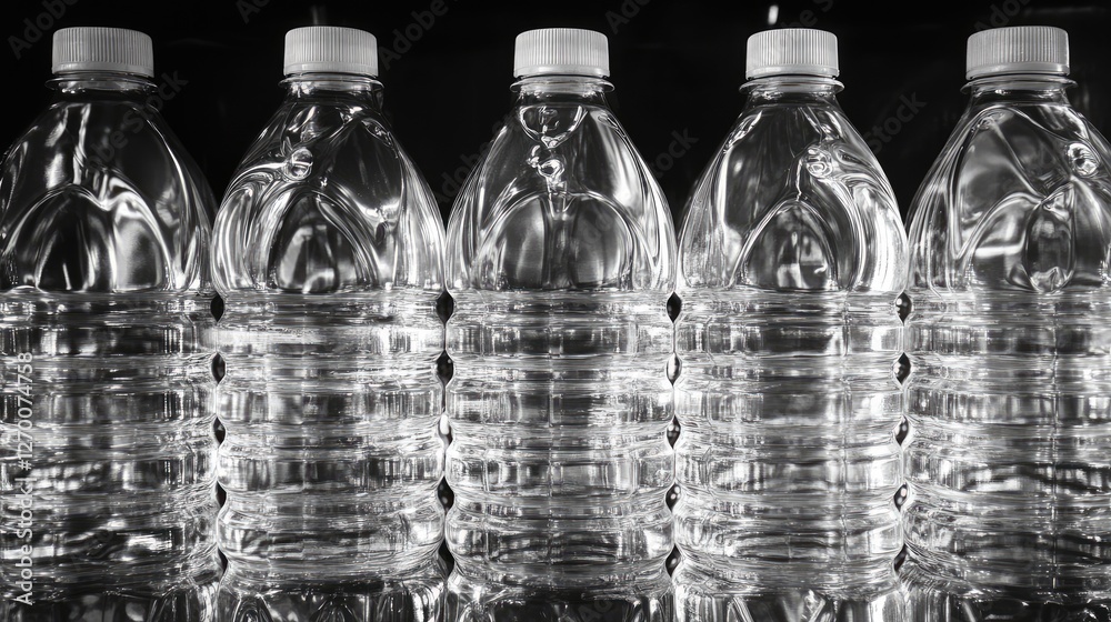 Poster Clear plastic bottles moving in perfect alignment along a production line, with their shiny surfaces creating a symmetrical and clean visual.