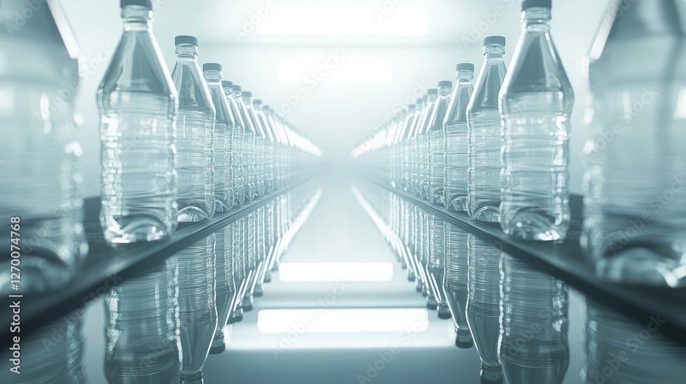 Poster Clear plastic bottles moving in perfect alignment along a production line, with their shiny surfaces creating a symmetrical and clean visual.