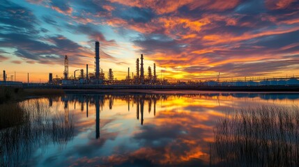 Naklejka premium Oil Refinery Plant At Colorful Sunset, Reflected In The Water. Energy, Industry, And Environment Concept.