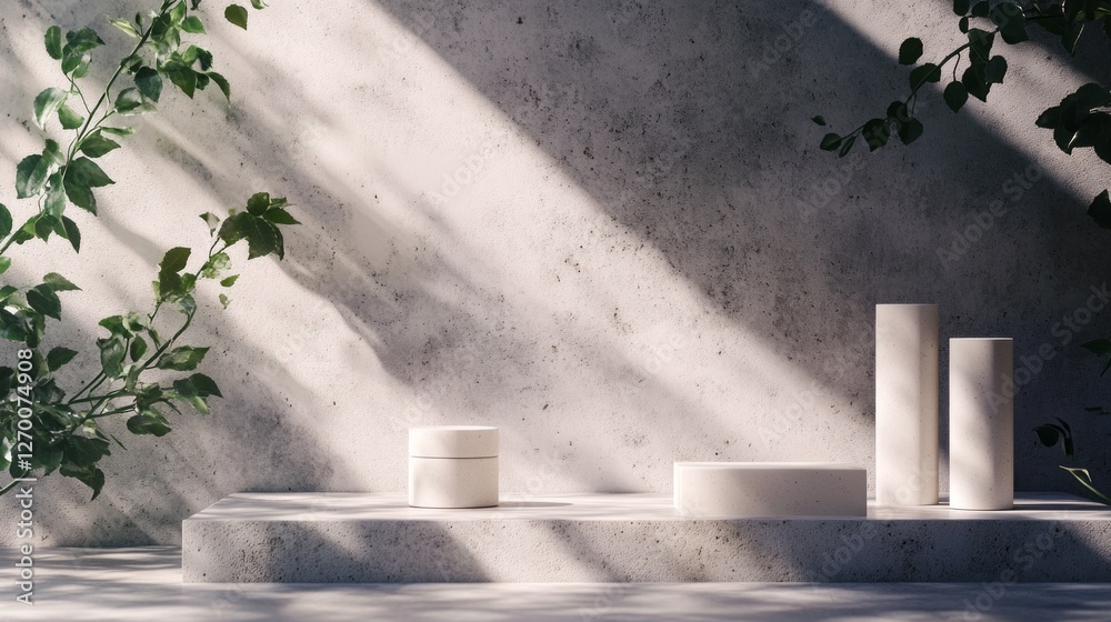 Poster a beautifully arranged display features minimalist skincare products on a textured surface. lush gre