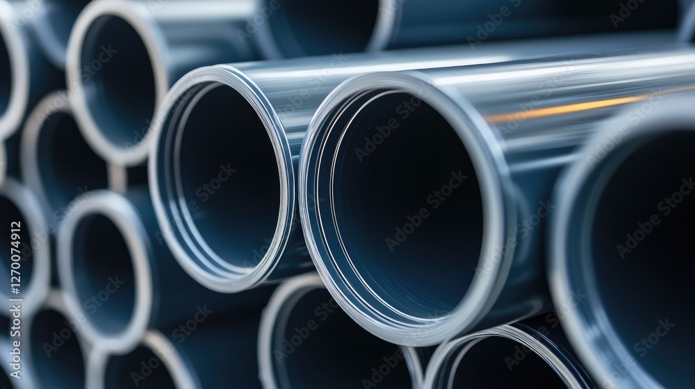 Poster close-up of a large stack of polyethylene pe pipes stored in an industrial plant, highlighting their