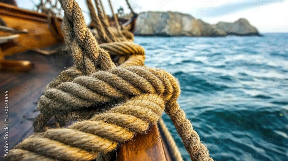 Poster close-up of a thick rope tied on a boat with the vast sea in the background, highlighting the crafts