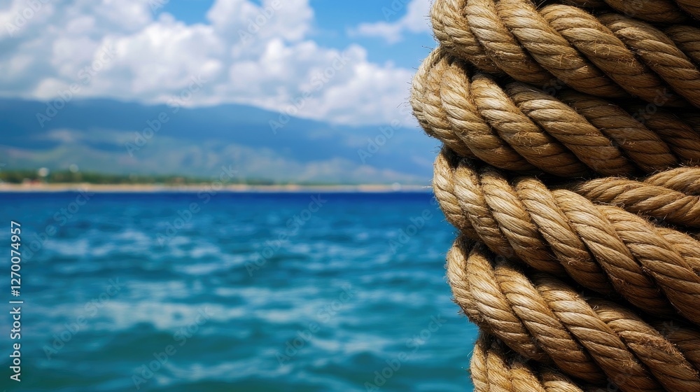 Poster close-up of a thick rope tied on a boat with the vast sea in the background, highlighting the crafts