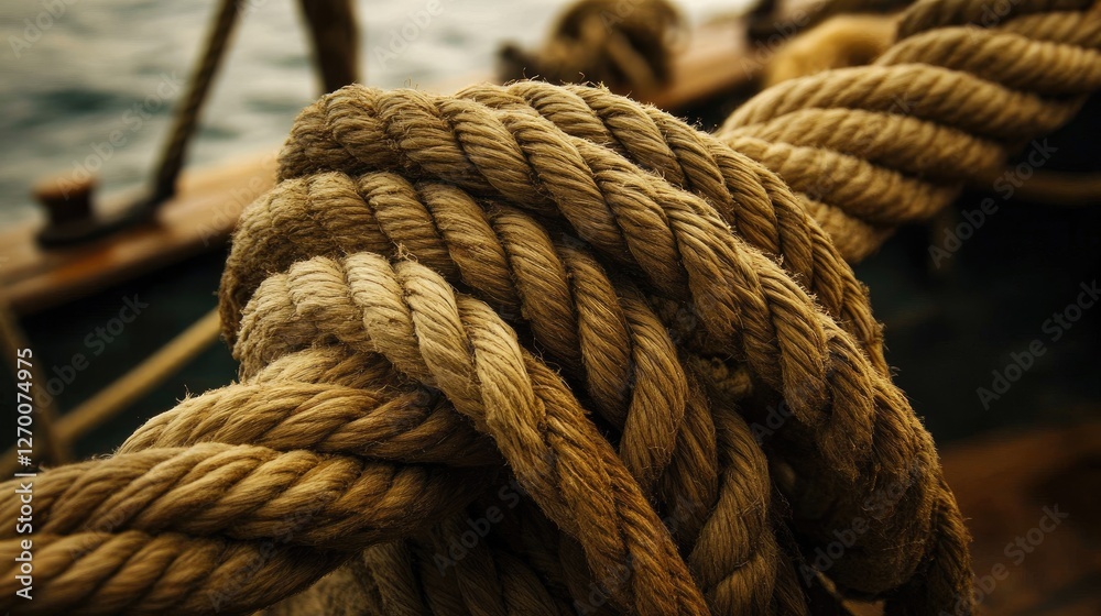 Poster close-up of a thick rope tied on a boat with the vast sea in the background, highlighting the crafts