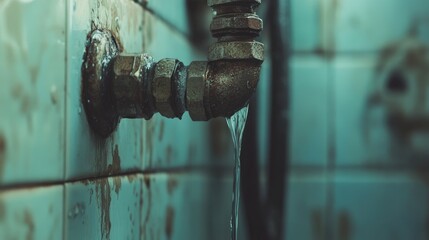 Close-up of a leaking pipe joint in an apartment bathroom, with water dripping and highlighting the need for prompt plumbing maintenance.