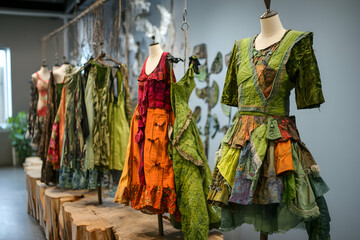 Display of eco-conscious fashion featuring garments made from organic and recycled materials
