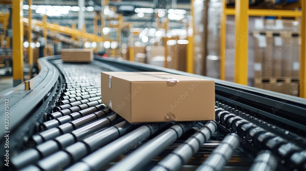 Poster close-up of conveyor belts moving neatly packaged goods for shipping, showcasing the efficiency and 